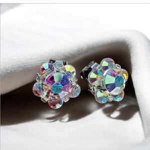 Vintage 1960s Aurora Borealis Rhinestone Bead Round Cluster Button Clip Earrings